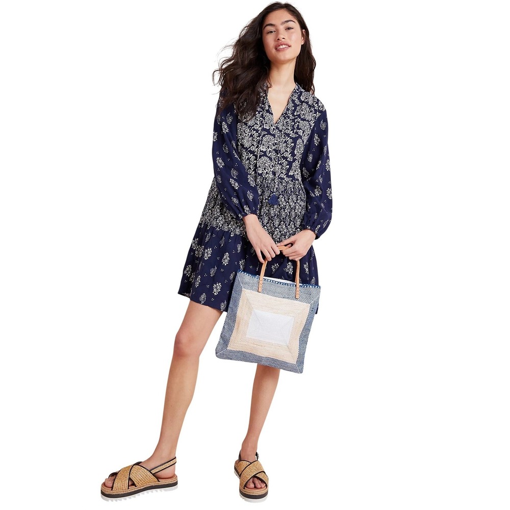 Anthropologie Maeve Navy White Floral Carlita Tiered Tunic Dress Size XS Petite